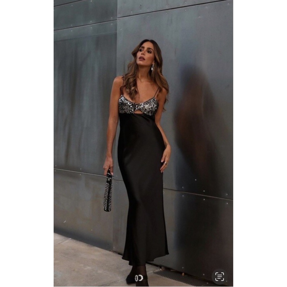 NWT Zara Sequin Slip Midi Dress‎ Womens Large Black